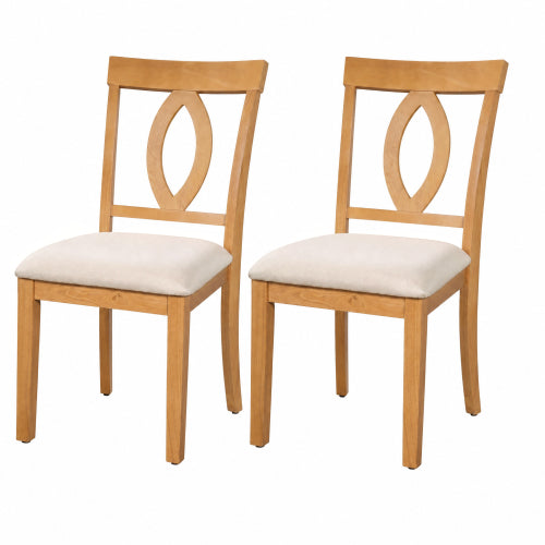 Set of 4 Mid-Century Rubberwood Dining Chairs, Oval Cutout Back, Natural Frame + Beige Cushion, 300lbs
