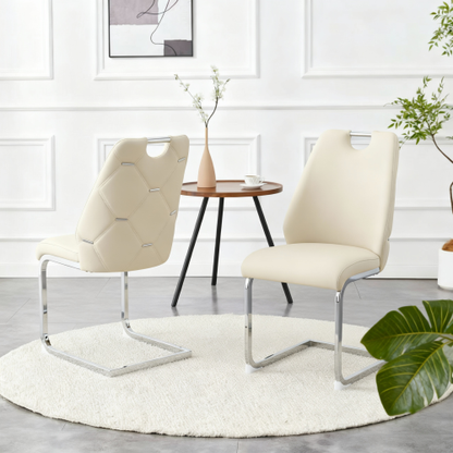 Set of 2 Off White PU Mesh Texture High Back Dining Chairs, Silver Back Ring Chrome Pull Handle Solid Iron Frame