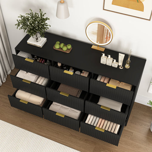 Black 9 Drawer Dresser, 63" Large Deep Chest of Drawers, Wooden Dresser Storage Cabinet with 9 Drawers for Bedroom, Long Dressers for Living Room, Hallway, Drawer panel with wavy patterns