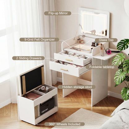 Flip-top Vanity Table,Compact/Mini Vanity,Mirror-integrated Dressing Table,All-in-one Storage Cabinet,Makeup Vanity Set with Stool