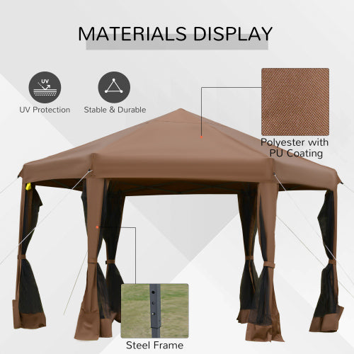 Outsunny 13' x 11' Hexagonal Pop Up Gazebo, Heavy Duty Outdoor Canopy Tent with 6 Mesh Sidewall Netting, 3-Level Adjustable Height and Strong Steel Frame, Brown