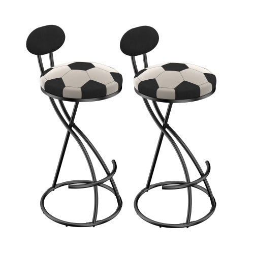 Upholstered S-shaped Barstools Set of 2 Velvet Counter Bar Stools Football Print Round Dining Stool for Kitchen & Living Room (Black Frame & Black Back)
