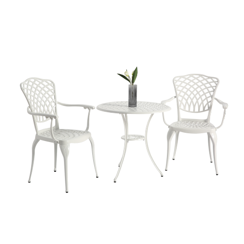 3 Piece Patio Bistro Set Cast Aluminum Bistro Table and Chairs Set of 2 with Umbrella Hole,All Weather Metal Bistro Table Set,Outdoor Patio Furniture Set for Garden White