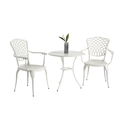 3 Piece Patio Bistro Set Cast Aluminum Bistro Table and Chairs Set of 2 with Umbrella Hole,All Weather Metal Bistro Table Set,Outdoor Patio Furniture Set for Garden White