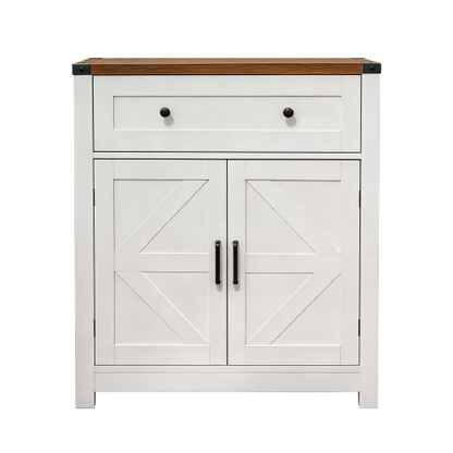 White & Wood-Grain Top Farmhouse Barn-Door Storage Cabinet, Coffee Bar Buffet Sideboard with Drawer for Kitchen & Living Room