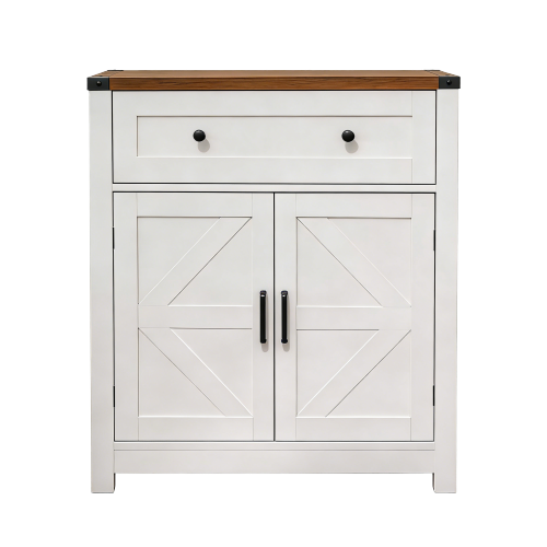 White & Wood-Grain Top Farmhouse Barn-Door Storage Cabinet, Coffee Bar Buffet Sideboard with Drawer for Kitchen & Living Room