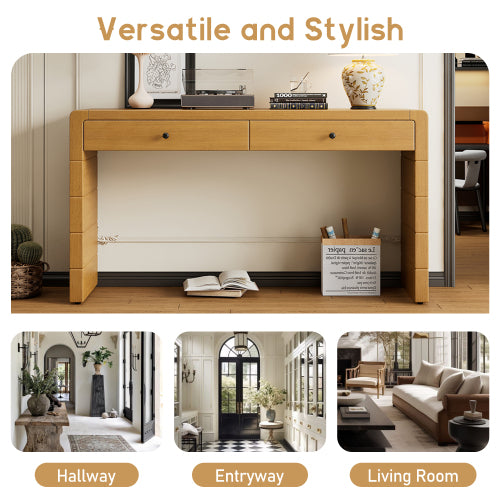 Curved Console Table with Storage, Wooden Entryway Table with 2 Drawers, Farmhouse Rustic Console Tables for Entryway, Hallway, Living Room, Natural