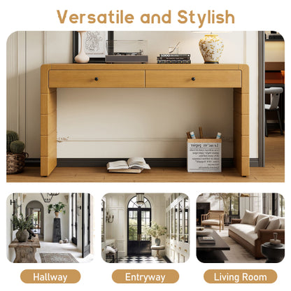 Curved Console Table with Storage, Wooden Entryway Table with 2 Drawers, Farmhouse Rustic Console Tables for Entryway, Hallway, Living Room, Natural