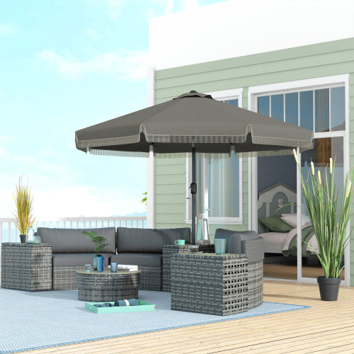 9ft Patio Umbrella with Push Button Tilt and Crank, Ruffled Outdoor Market Table Umbrella with Tassles and 8 Ribs, for Garden, Deck, Pool, Dark Gray