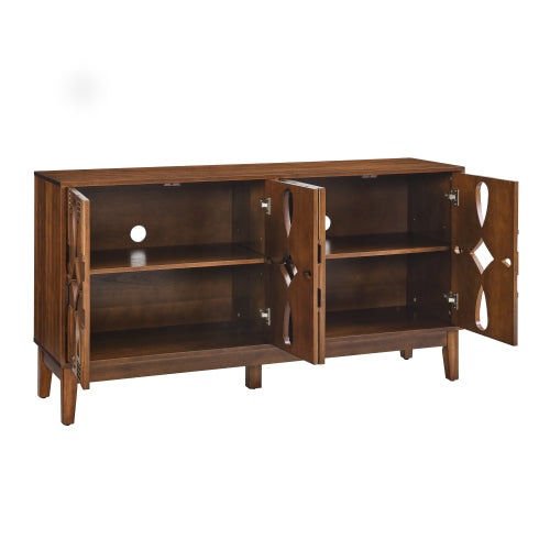 60.5 Inch Walnut Mid-Century Modern Sideboard Four-Door Adjustable Shelf TV Cabinet With Reserved Wire Holes