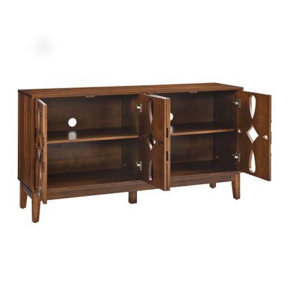 60.5 Inch Walnut Mid-Century Modern Sideboard Four-Door Adjustable Shelf TV Cabinet With Reserved Wire Holes