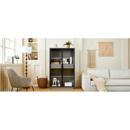 60.6'' Freestanding Grey Glass Door Display Cabinet LED Light Adjustable Shelves Home Storage Cabinet