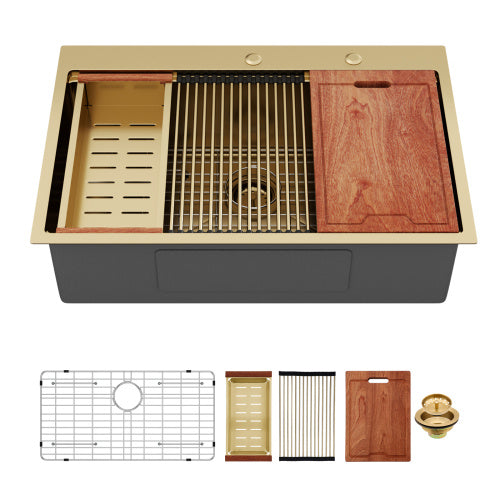 33" Drop in Gold Kitchen Sink - 33 x 22 x 10 inch Kitchen Sink Drop-in Topmount Single Bowl 16 Gauge Stainless Steel Ledge Workstation Kitchen Sinks