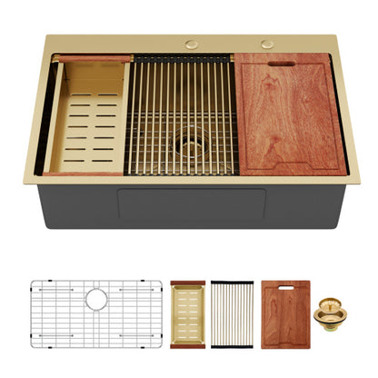 33" Drop in Gold Kitchen Sink - 33 x 22 x 10 inch Kitchen Sink Drop-in Topmount Single Bowl 16 Gauge Stainless Steel Ledge Workstation Kitchen Sinks