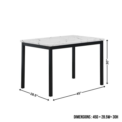 5-Piece Black Metal Dining Set, Off-White Faux Marble Top Table with 4 Gray Faux Leather Chairs