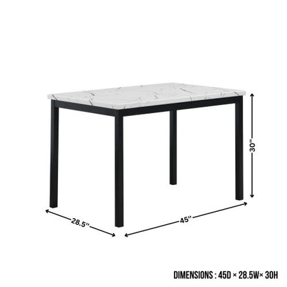 5-Piece Black Metal Dining Set, Off-White Faux Marble Top Table with 4 Gray Faux Leather Chairs