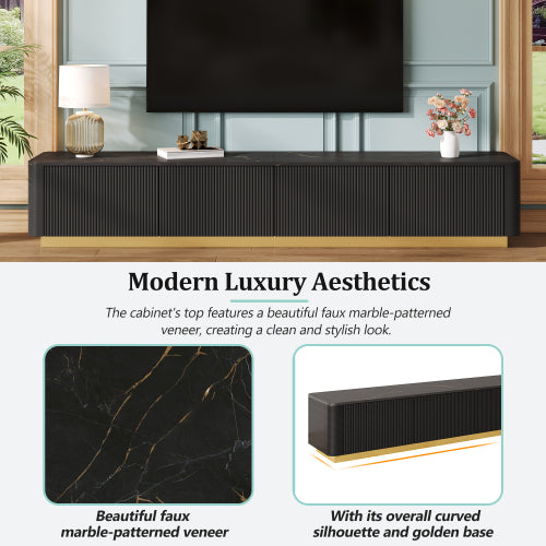 Luxury Fluted TV Stand with Faux Marble Top Black Entertainment Center