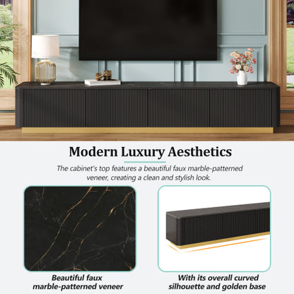 Luxury Fluted TV Stand with Faux Marble Top Black Entertainment Center
