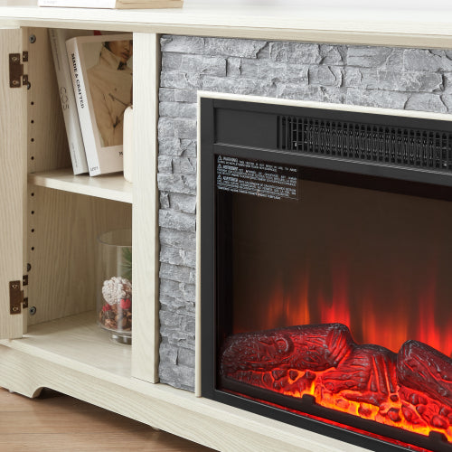 70 Inch TV Stand with 23 Inch Electric Fireplace Faux Stone White Console