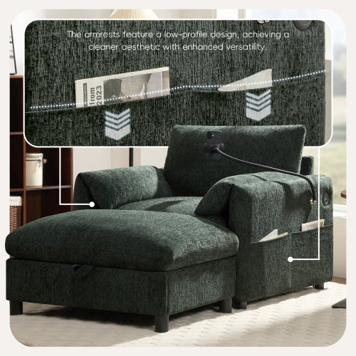 37 inch  Chenille Cloud-Style Single Armchair, Ottoman Storage, USB-C Charging, Phone Holder