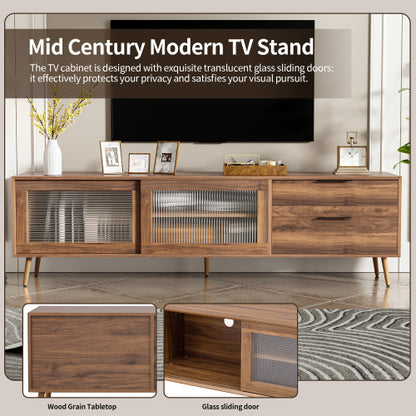 70.8 Inch Walnut Mid-Century TV Stand Tempered Glass Sliding Door Media Console for 75 inch+ TV