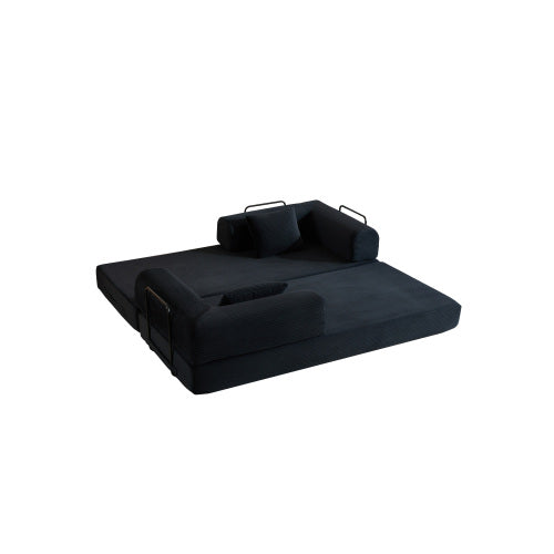 Corduroy Convertible Sleeper Sofa-Bed Fixed-Shape Metal-Frame Floor Lounge Couch with Cylindrical Pillow No-Assembly