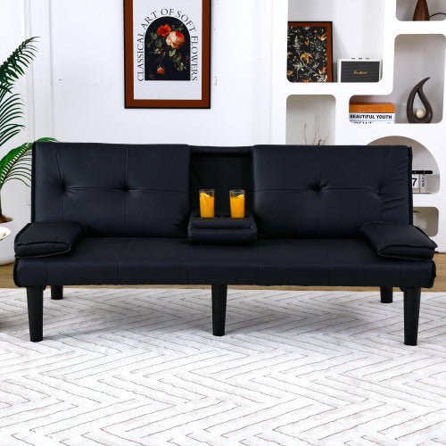 67-Inch Black PVC Multi-Functional Foldable Sofa Bed with Built-In Cup Holder