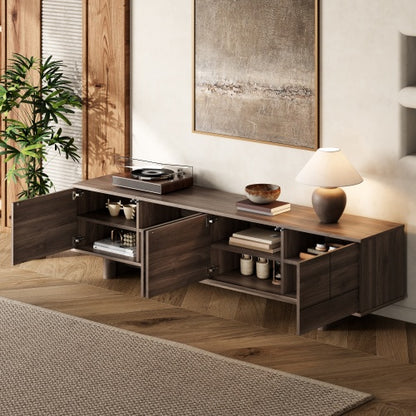 78.7 inch Dark Brown Push-Open TV Stand Solid Pine Leg Media Console Adjustable Shelves For 85 inch TV