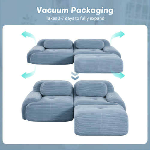 82 inch  Blue Modular L-Shaped Corduroy Sofa, Curved Armrest, No Assembly