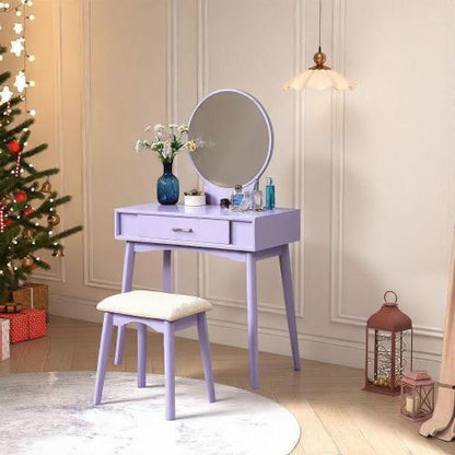 Contemporary Purple Wood Vanity and Stool Set, Round Mirror, Rubberwood Frame, 32.28 inch W