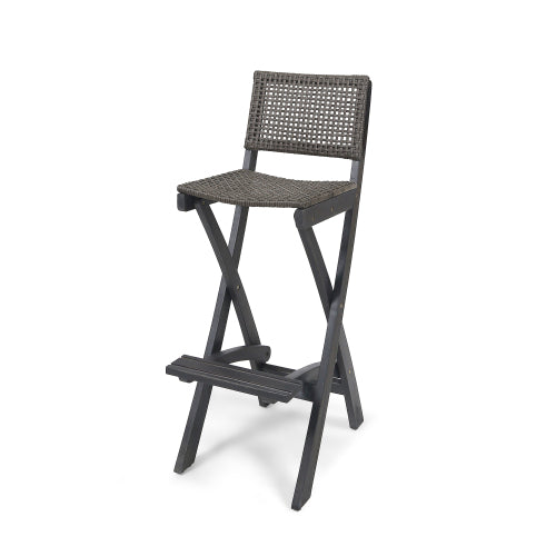 41.75" Outdoor Folding Acacia Wood Barstools with PE Rattan Backrest and Seat, Dark Grey Finish (Set of 2)