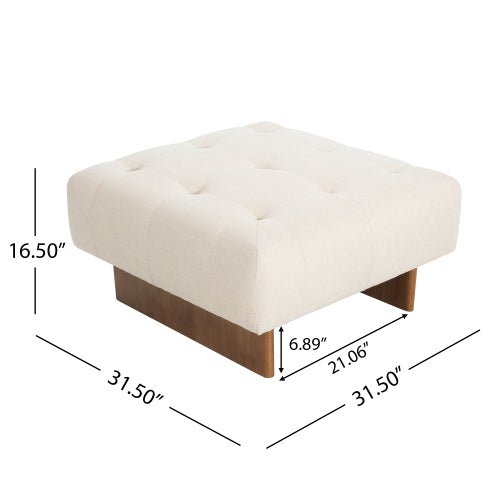 Beige Tufted Square Linen Ottoman, Breathable Fabric Foot Stool with Durable Rubber Wood Legs for Bedroom & Living Room