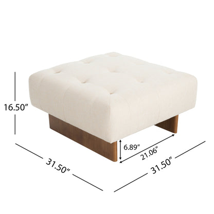 Beige Tufted Square Linen Ottoman, Breathable Fabric Foot Stool with Durable Rubber Wood Legs for Bedroom & Living Room