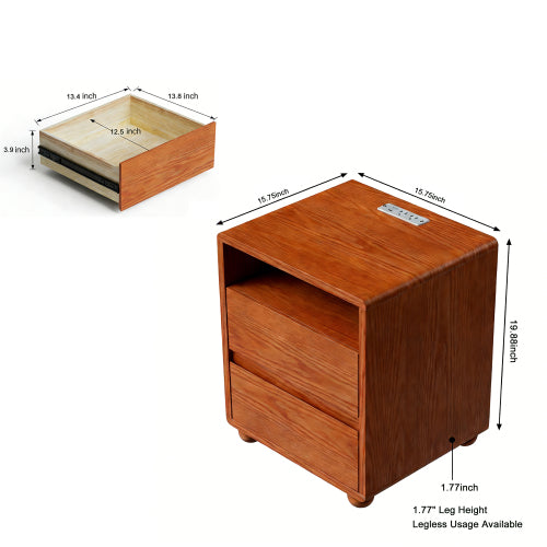 20inch Modern Nightstand with 2 Drawers And Shelves Solid Wood Night Stand with Charger Station Mid Century Bedside Table Curved Wood Side Table-Walnut