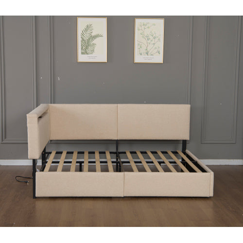 Twin Size Boucle Bed Frame, Upholstered Cloud Bed Frame with Headboard, with 2 Storage Drawers, LED light and USB Charging Design, Solid Wood Legs and Slats, No Box Spring Needed, Beige