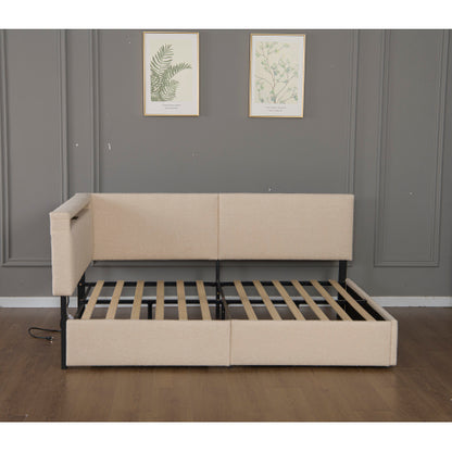Twin Size Boucle Bed Frame, Upholstered Cloud Bed Frame with Headboard, with 2 Storage Drawers, LED light and USB Charging Design, Solid Wood Legs and Slats, No Box Spring Needed, Beige