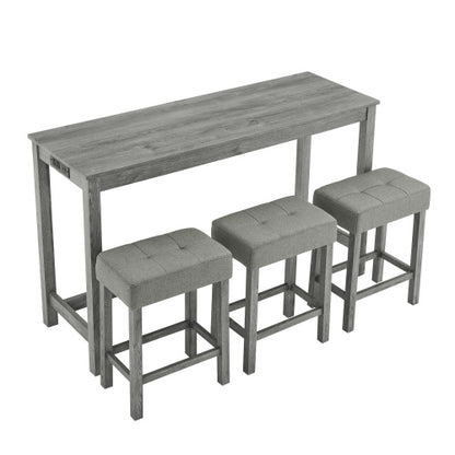 59 Inch Bar Table, Dining Table, Sofa Table with Power Outlet, 3 Upholstered Stools, 4 Piece Bar Table and Chair Set for Living Room, Dining Room, Kitchen