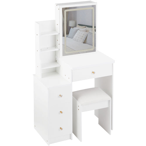 29.2inch  Small Size Left Bedside Cabinet LED Mirror Vanity Table + Cushioned Stool, Large Sliding, Touch Control, 3-color Switch, Brightness Adjust Mirror, High Capacity Storage, EPA, GCC, UL Certificate
