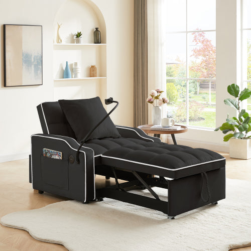 Black 3-in-1 Convertible Sleeper Chair with USB-C & Phone Holder