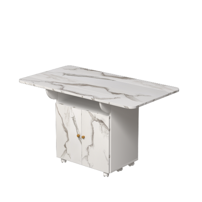 Folding Dining Table with Storage Cabinet Wheels and Marble Finish White