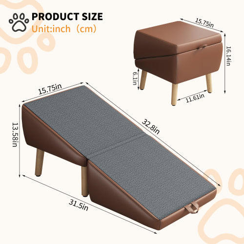 Brown Upgraded 2-in-1 Foldable Wooden Pet Ottoman Dog Ramp, Split Design Pet Steps for Small Dogs & Cats