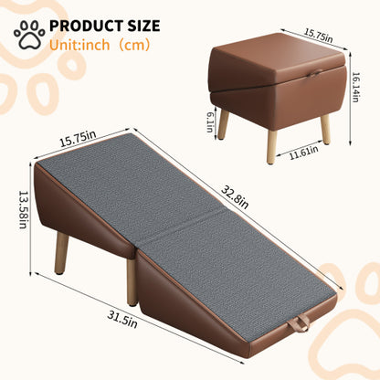 Brown Upgraded 2-in-1 Foldable Wooden Pet Ottoman Dog Ramp, Split Design Pet Steps for Small Dogs & Cats