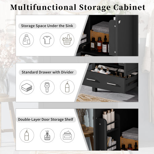 24-inch bathroom vanity with integrated undermount basin and a storage cabinet featuring 2 doors and 1 drawer. Includes double-layer door shelf, soft-close design, and versatile storage solutions