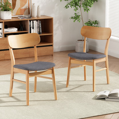 Set of 2 Dark Grey Fabric Dining Chairs, Natural Oak Finish Solid Rubberwood Leg Minimalist Side Chairs