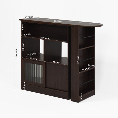 Modern Bar Cabinet with Rotating top, Counter Height Dining Cabinet with 6 Storage space and 2 Ribbed Glass Door for Kitchen, The Rotating Top with 3 Storage Shelves Dining Room, Living Room, Walnut