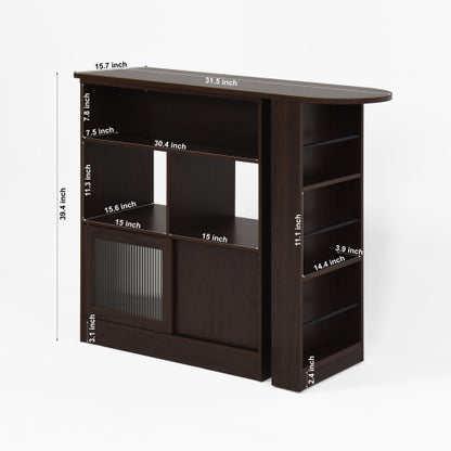 Modern Bar Cabinet with Rotating top, Counter Height Dining Cabinet with 6 Storage space and 2 Ribbed Glass Door for Kitchen, The Rotating Top with 3 Storage Shelves Dining Room, Living Room, Walnut
