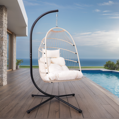 Foldable Hanging Egg Chair with Stand and Pillow, HDPE Rattan and Heavy Duty Aluminum-Steel Frame, Outdoor Patio Wicker Swing Egg Chair with Headrest and Cushioned, (Beige)