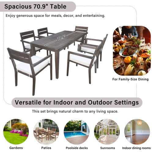 7 Pieces Acacia Wood Outdoor Dining Set with Cushions,Modern 6 Chairs and 1 Large Table, Dining Furniture Set for Lawn, Backyard, Garden Deck,Poolside