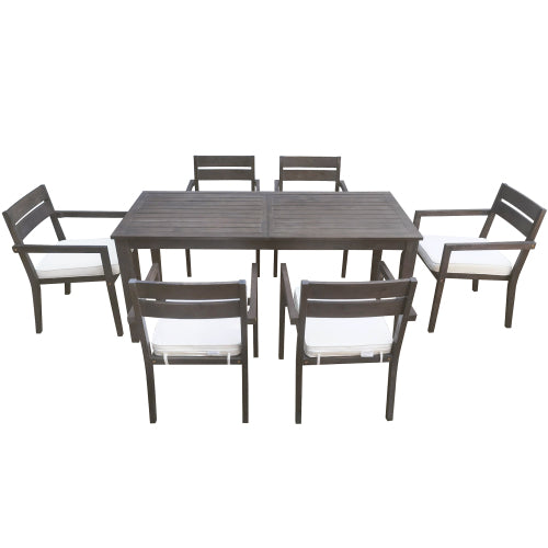 7 Pieces Acacia Wood Outdoor Dining Set with Cushions,Modern 6 Chairs and 1 Large Table, Dining Furniture Set for Lawn, Backyard, Garden Deck,Poolside