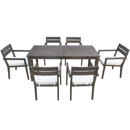7 Pieces Acacia Wood Outdoor Dining Set with Cushions,Modern 6 Chairs and 1 Large Table, Dining Furniture Set for Lawn, Backyard, Garden Deck,Poolside